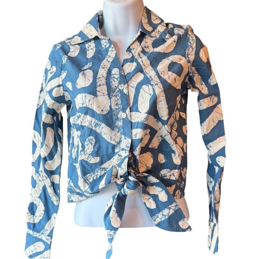 Haute Hippie Linen Blend Tie Front Top Women Sz XSmall Blue Boho Coastal Resort